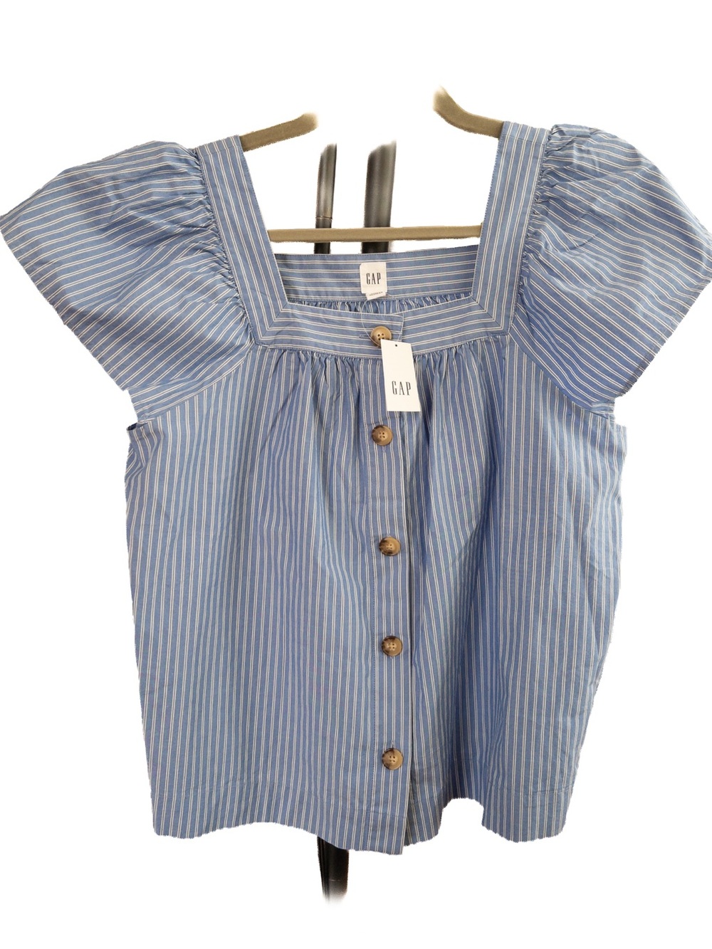 NWT GAP Women’s Medium Blue White Striped Puff Sleeve Button Front Top